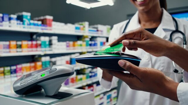 Consumer completing transaction with wireless payment card at pharmacy