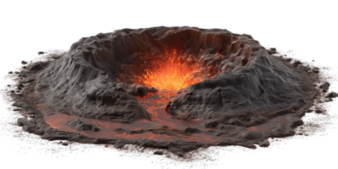An active volcano erupts with a vivid display of fiery lava flowing down its dark, textured slopes, depicted on a transparent background.