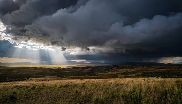 dramatic storm clouds rolling in over a landscape with rays of sunlight breaking through