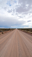 Empty dirt road extends to cloudy sky