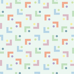 A seamless pastel orange, green, blue, yellow, and purple L-shaped pattern with small circles at each corner. A cheerful light green background for wallpapers, textiles, posters, book covers, template