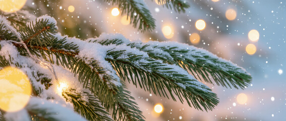 Snow-covered fir branch with Christmas lights glowing softly in the background during a gentle snowfall. Holiday mood and winter atmosphere.
