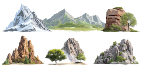 Diverse isolated mountain and rock formations, including snowy peaks and lush green hills, ready for compositing on a transparent background.