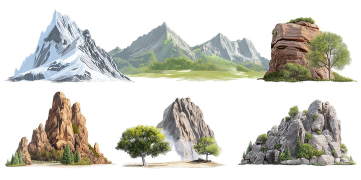 Diverse isolated mountain and rock formations, including snowy peaks and lush green hills, ready for compositing on a transparent background.