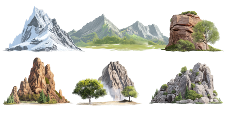 Diverse isolated mountain and rock formations, including snowy peaks and lush green hills, ready for compositing on a transparent background.