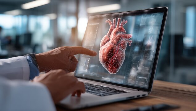 Medical professional using laptop with 3D heart model displayed - Powered by Adobe