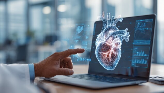 Doctor interacting with a 3D heart model on a laptop - Powered by Adobe