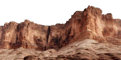 A majestic desert canyon wall with rugged, stratified rock formations is isolated on a transparent background.