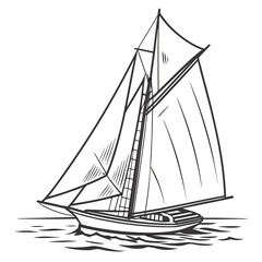 A classic sailing ship with full sails glides gracefully across the water in a simple black and white line drawing
