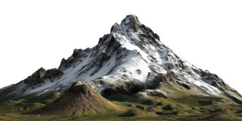 Majestic Snow-Capped Mountain Peak with Green Valleys on Transparent Background.