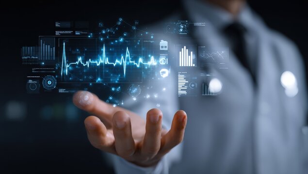 A doctor's hand hovers over holographic medical data visualizations