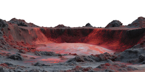 Stylized Volcanic Crater Landscape with Vibrant Red Lava Flow on Transparent Background.