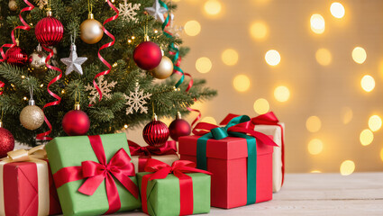 Christmas tree with red and gold ornaments and colorful gift boxes on white wooden floor with glowing festive lights in background