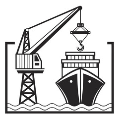 Iconic black and white illustration of a cargo ship being loaded by a large industrial crane at a port