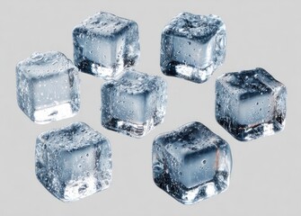 Obraz premium Eight small, square ice cubes, slightly translucent, with water droplets clinging to their surfaces, arranged in a loose cluster against a neutral gray background