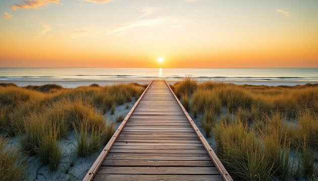 Boardwalk path leading to the ocean under a warm, glowing sunset sky with calm water and surrounding sandy dunes