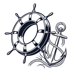 Nautical emblem featuring a ship s wheel and anchor with a rope on a white background