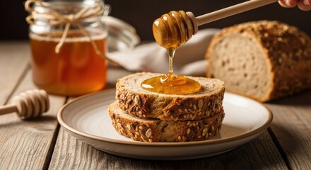 Honey dripping onto rustic bread slices, jar visible