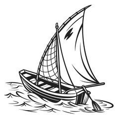 Stylized black and white illustration of a sailboat with a single sail navigating choppy water