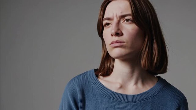 Female expressing dissatisfaction in front of neutral gray backdrop