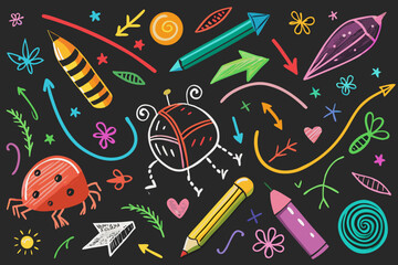 Whimsical doodle art with playful illustrations, colorful pencils, and charming bugs on a dark background, perfect for creative projects and fun designs