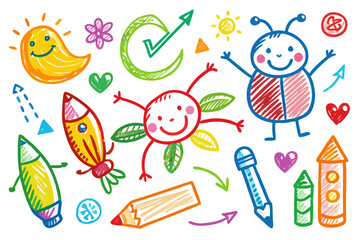 Whimsical collection of colorful crayon doodles featuring smiling sun, ladybug, pencils, rockets, hearts, and arrows, perfect for children's designs