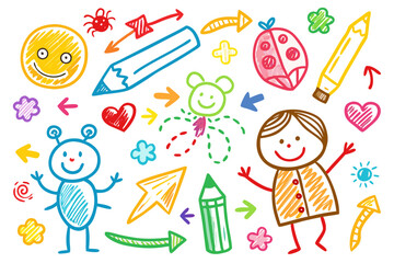 Joyful, colorful crayon drawings of smiling faces, hearts, arrows, and playful characters perfect for children's illustrations, educational materials, and design projects