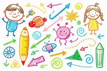 Joyful hand-drawn doodles with smiling children, playful arrows, and colorful whimsical elements, perfect for educational projects, creative designs, and children's content