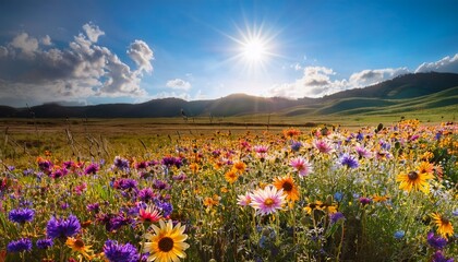 Obraz premium wildflowers bedecking prairie with their kaleidoscope of hues beckon an array of pollinators and exude vivacious essence of grasslands