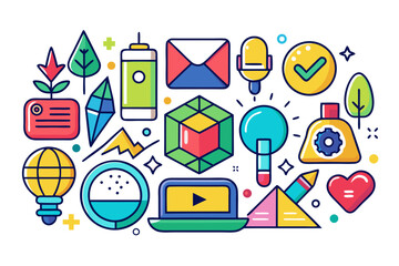 Modern colorful graphic elements and icons for business, technology, and creative design, perfect for website, presentation, and marketing use with vibrant style