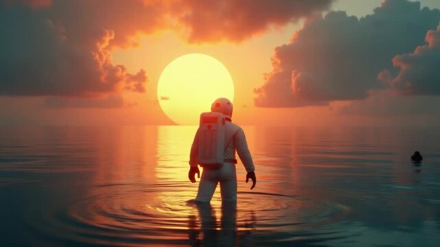 Spaceman in the sea under clouds at sunset