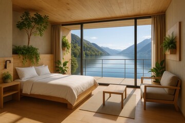 Naklejka premium Sustainable eco-lodge overlooking pristine mountain lake providing luxury nature retreat experience