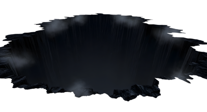 Dark Crater Hole with Falling Water and Mist