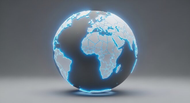 Illuminated globe, continents outlined with blue light, grey background