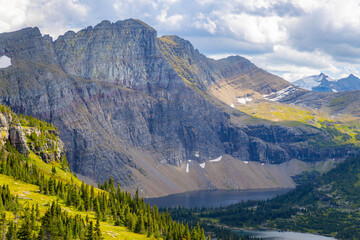 Vibrant panoramic view of Glacier National Park landscape from Hidden Lake Trail