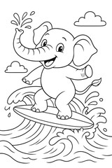 Cartoon elephant surfing on big waves, cheerful animal illustration for kids coloring page.