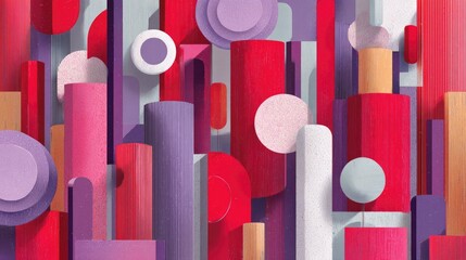 Abstract geometric pattern of layered, colorful, 3D shapes