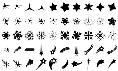 various shapes of star icons, sparkling stars and shooting stars to complete the image of imagination and others isolated on a white background, vector