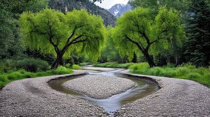 Serene River Landscape with Lush Green Trees and Rocky Riverbed