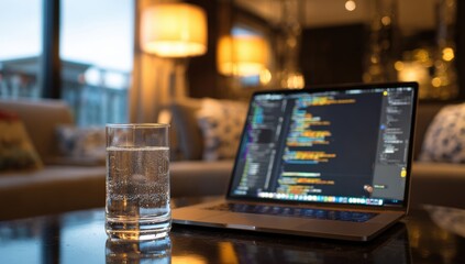 Laptop with code on screen and glass of water on a table in a living room