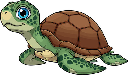Cute cartoon turtle with big blue eyes, detailed brown shell, green skin, walking pose, friendly character mascot, kids vector illustration