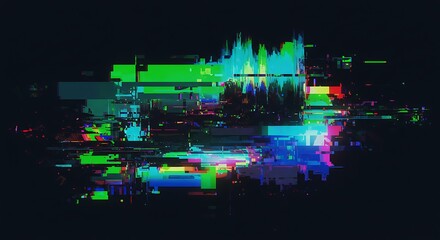 Vibrant abstract background showcasing a colorful digital signal with a dynamic glitch art distortion effect