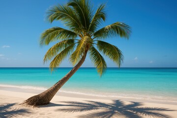 Tropical coconut palm tree swaying gracefully in ocean breeze against turquoise Caribbean waters