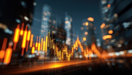 Blurry cityscape with financial chart overlay