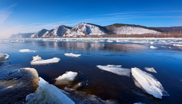 fragile spring ice on the volga river against the backdrop of the zhiguli mountains