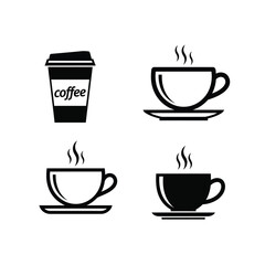 Collection of four black and white icons representing hot coffee in cups and a to-go cup