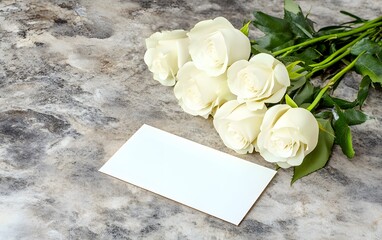 Elegant White Roses Bouquet with Blank Card Mockup on Marble
