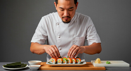 Professional sushi chef finishing a plate of salmon and avocado rolls