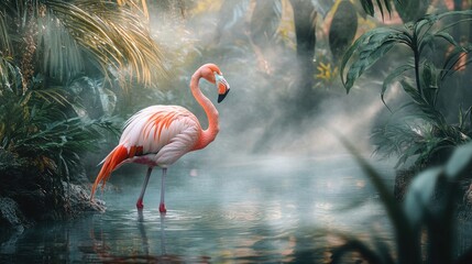 A beautiful flamingo preening its soft pink feathers while standing gracefully in misty shallow waters
