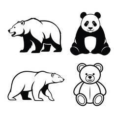 Black and white animal illustrations, including a bear, panda, polar bear, and teddy bear